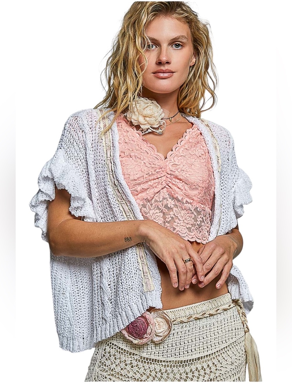POL Pink Pastel Crochet Knit Open-Front Ruffle Short Sleeve Cardigan - Picture 6 of 6